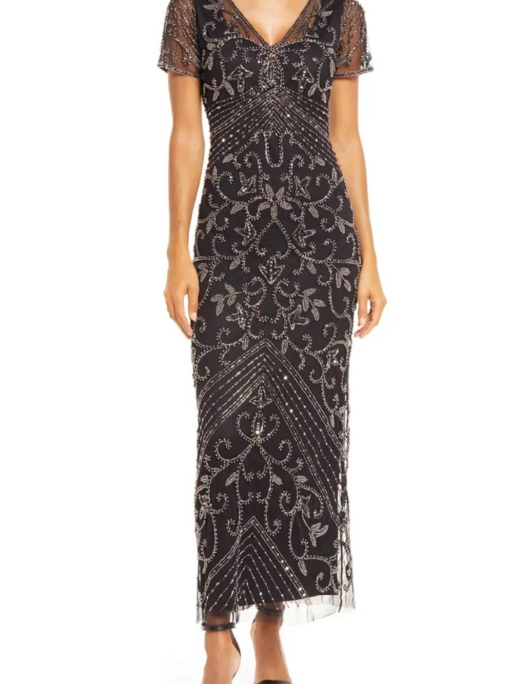 New PISARRO NIGHTS Beaded
Mesh Column Gown, Size 12